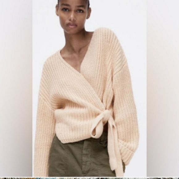 Zara Women Cropped Belted Cardigan Sweater Light Beige - Picture 8 of 14